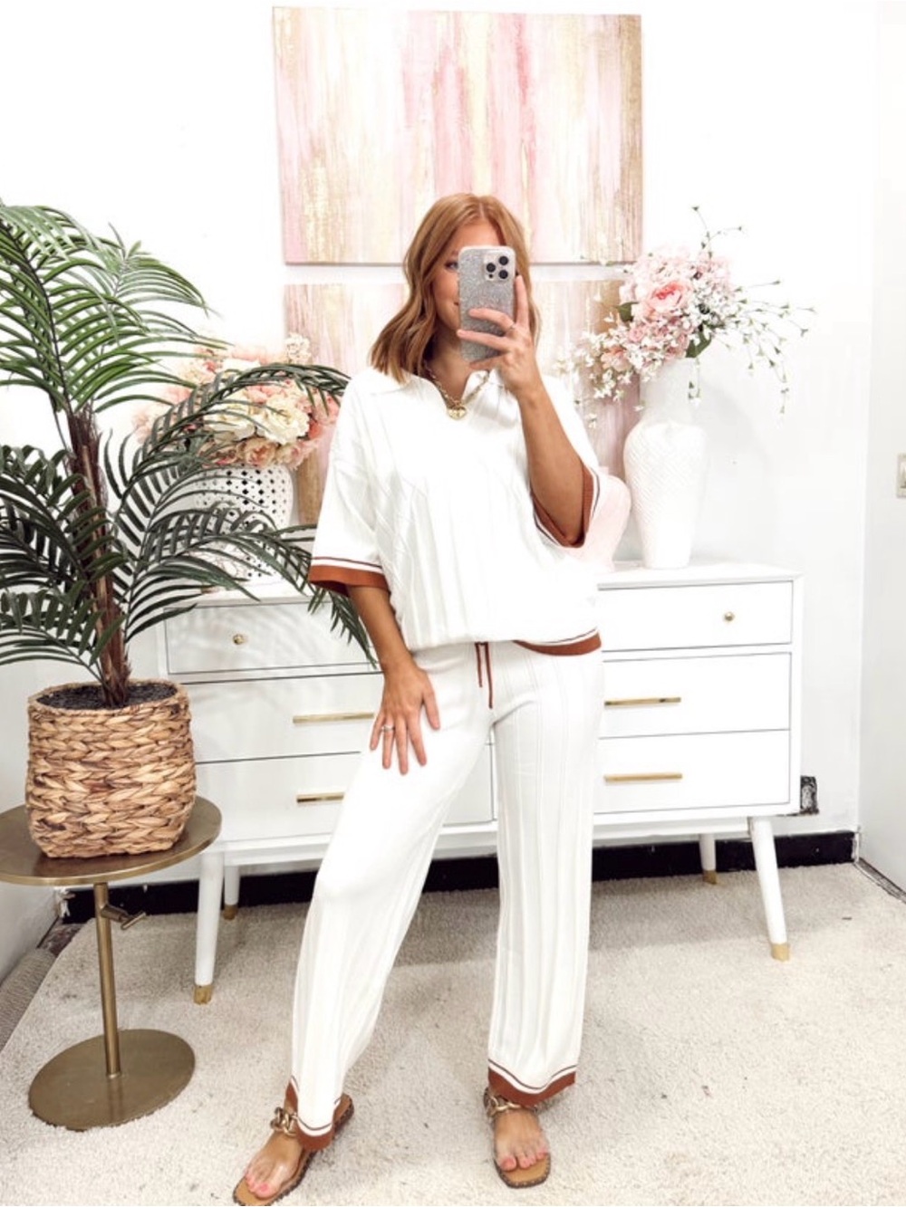 NEW W TAGS Fate Set, White Ribbed Collared Top & Pants with Brown Contrast Trim